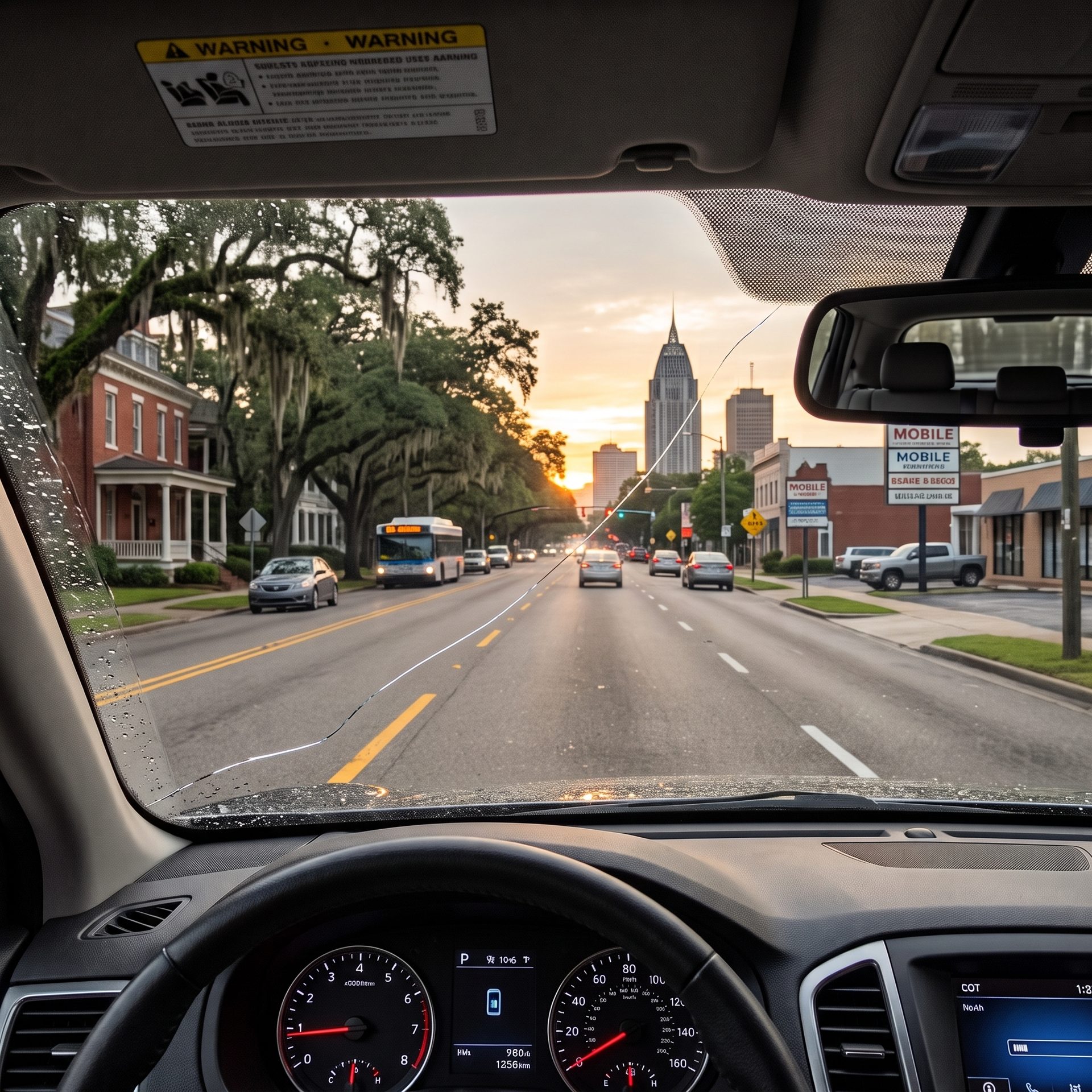 Long crack across a windshield on a Mobile, AL street at sunset