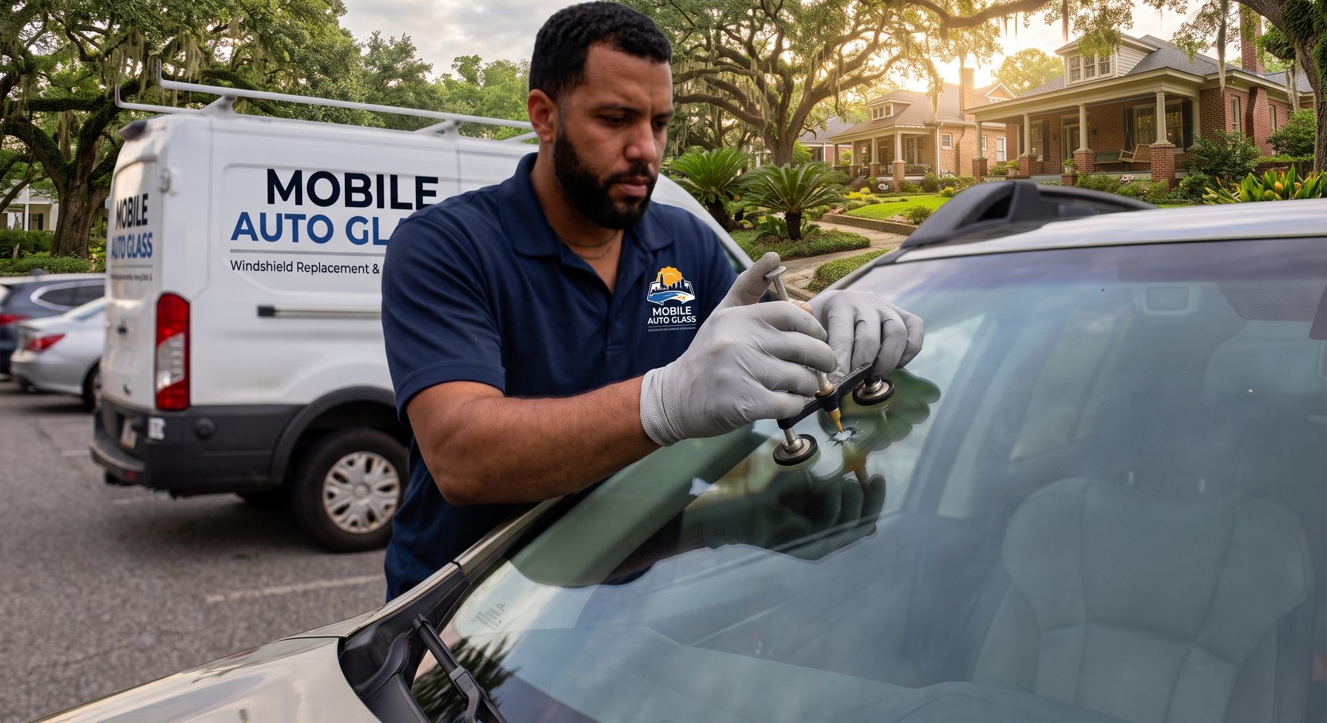 Technician injecting resin into a windshield chip in Mobile, AL